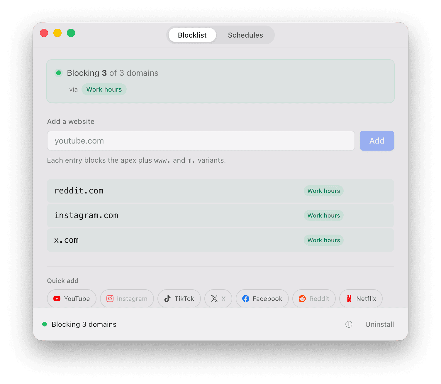 The Blocker app showing a list of blocked sites and an active focus schedule