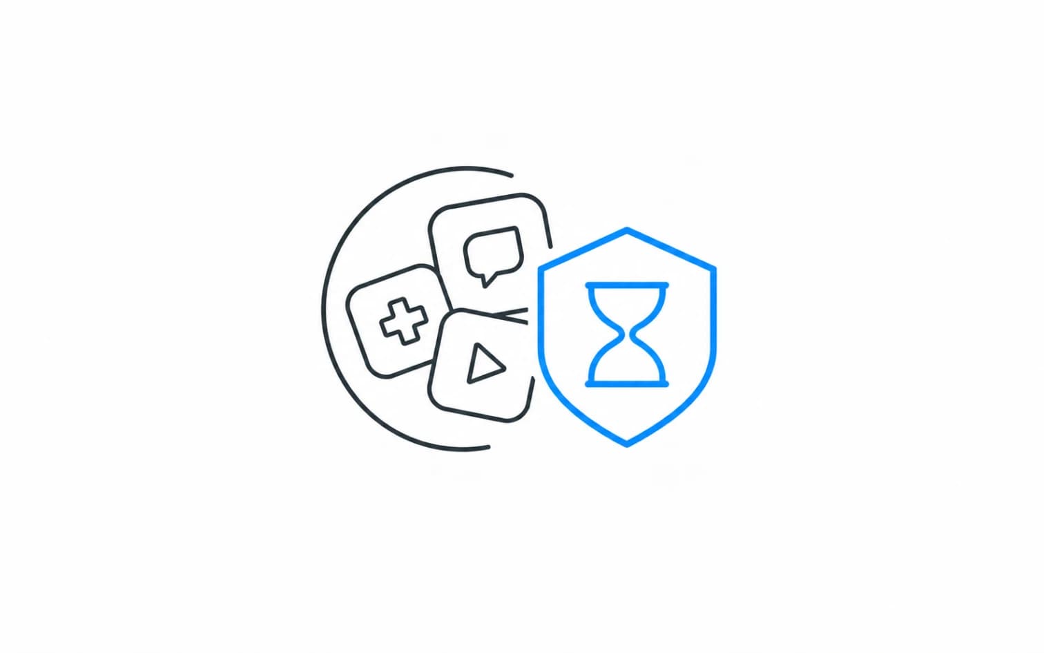 Three distracting app symbols set behind Blocker’s blue hourglass shield