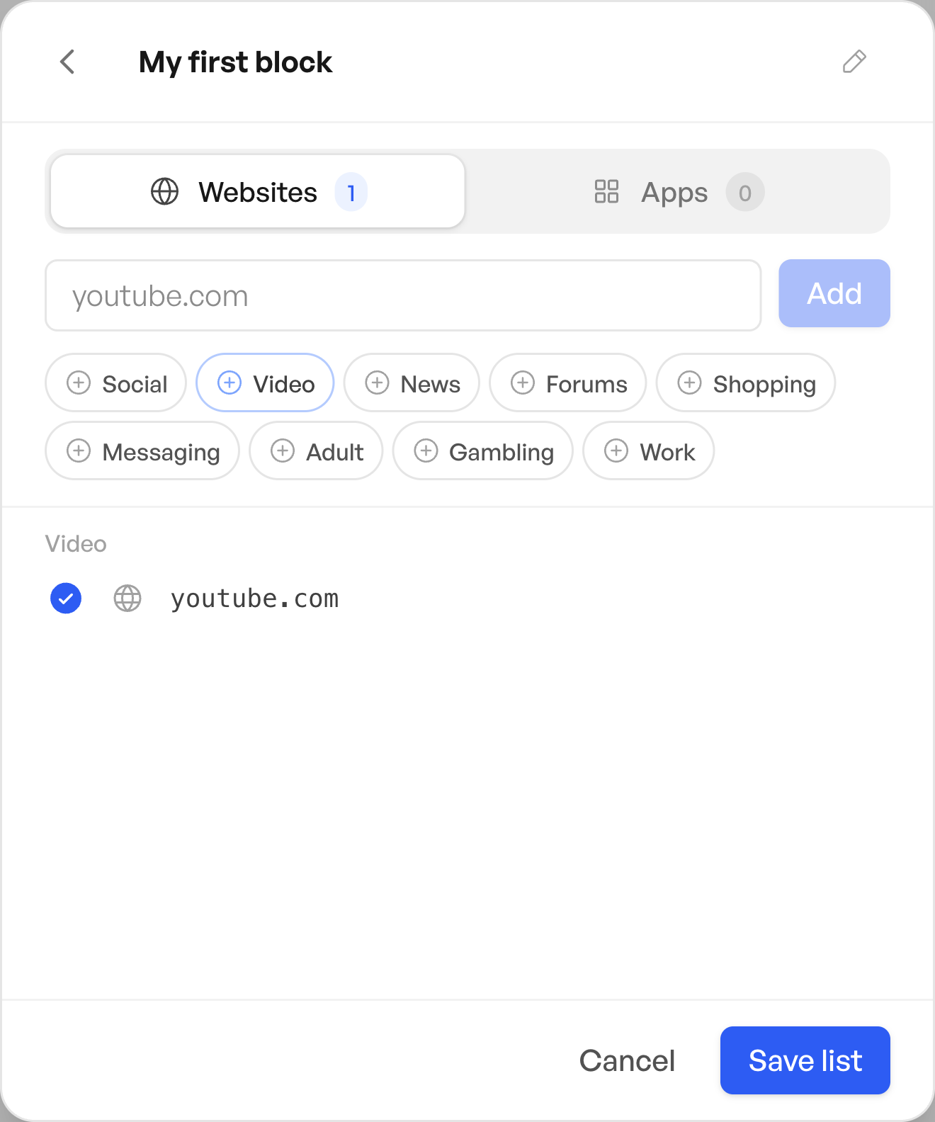 The My first block list editor with youtube.com added under Websites and the Save list button at the bottom right