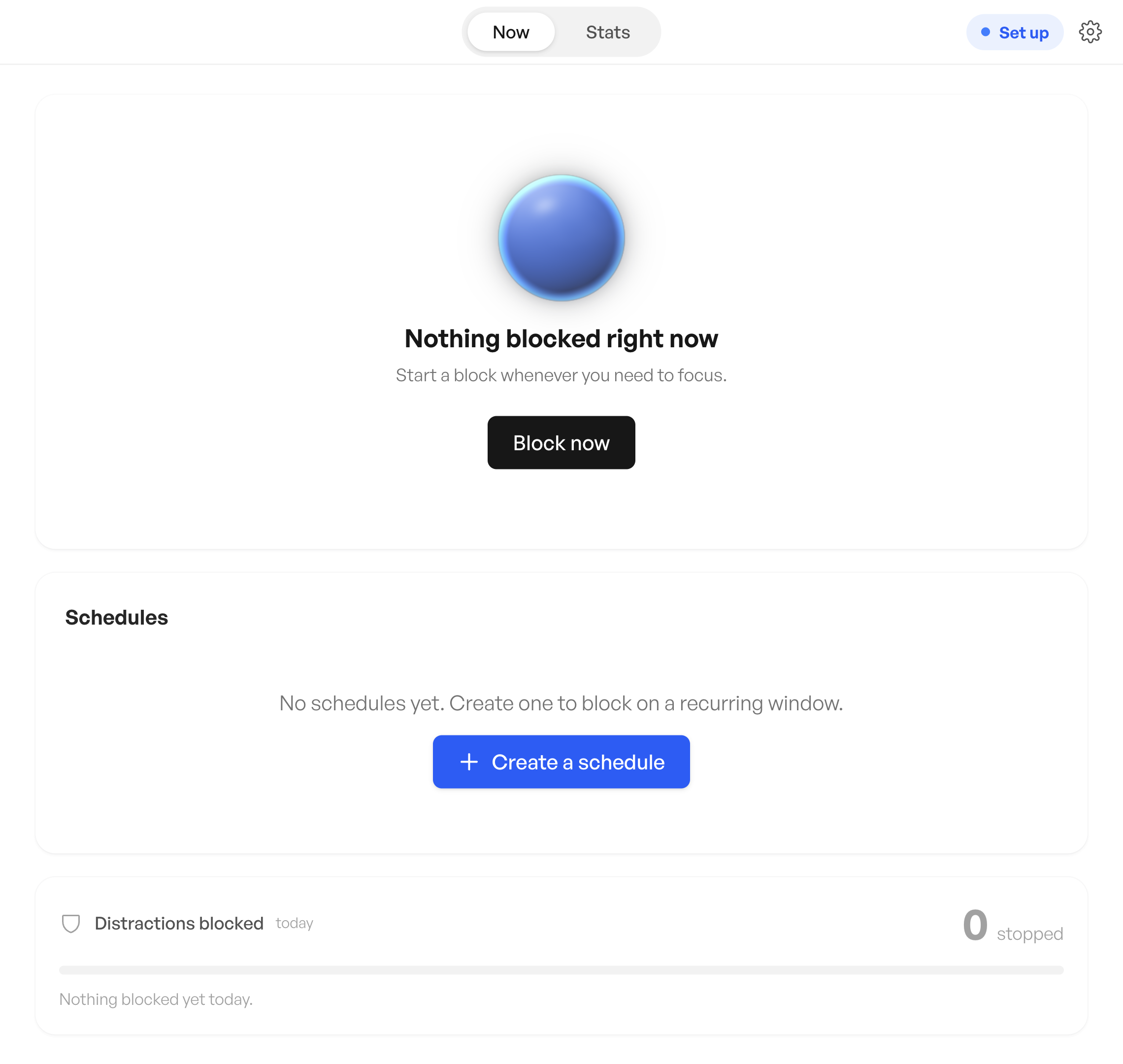 Blocker’s Now tab with nothing blocked and the Block now button in the middle