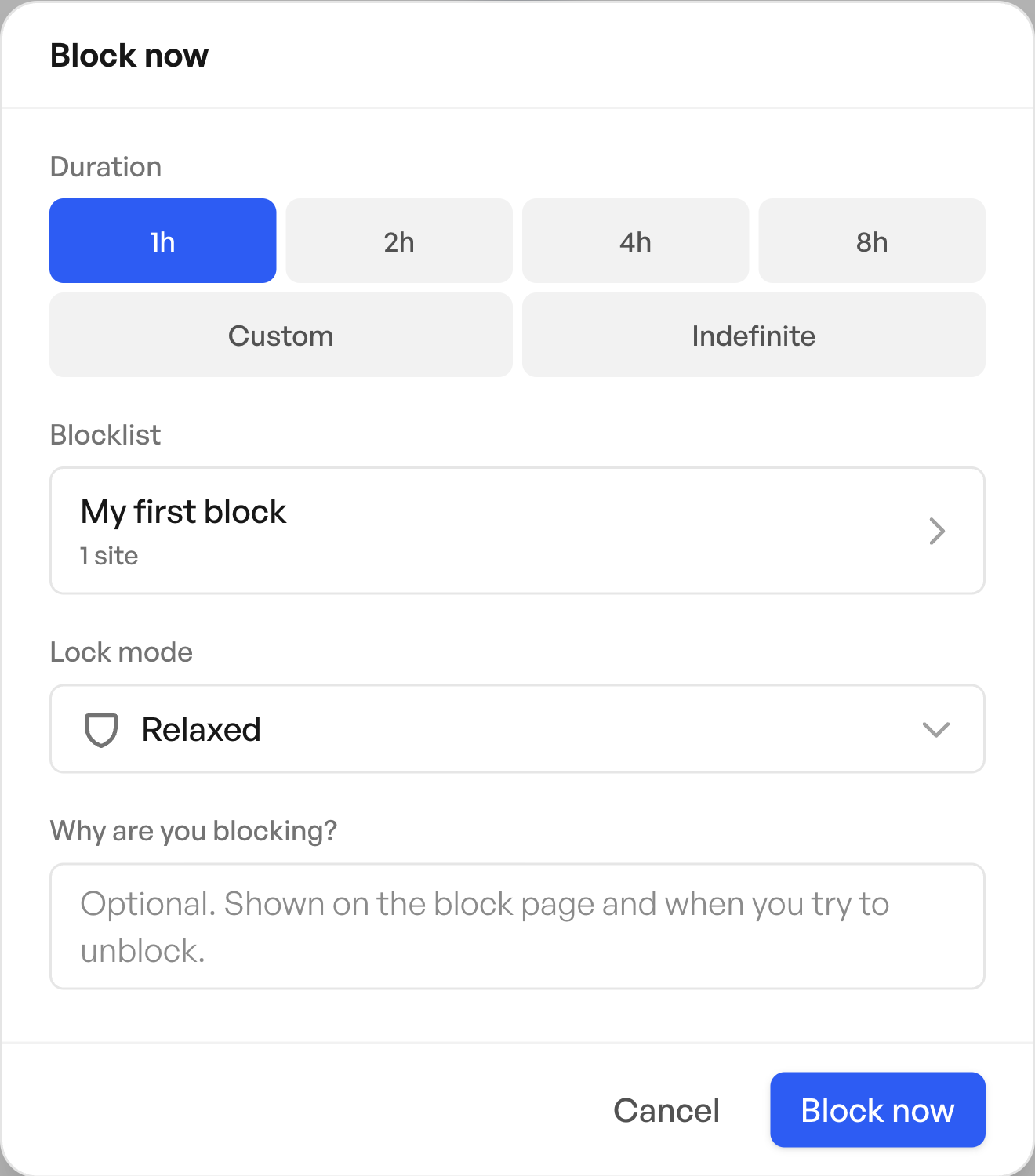 Block now settings with the 1h preset selected, the My first block list, Relaxed lock mode and the Block now button