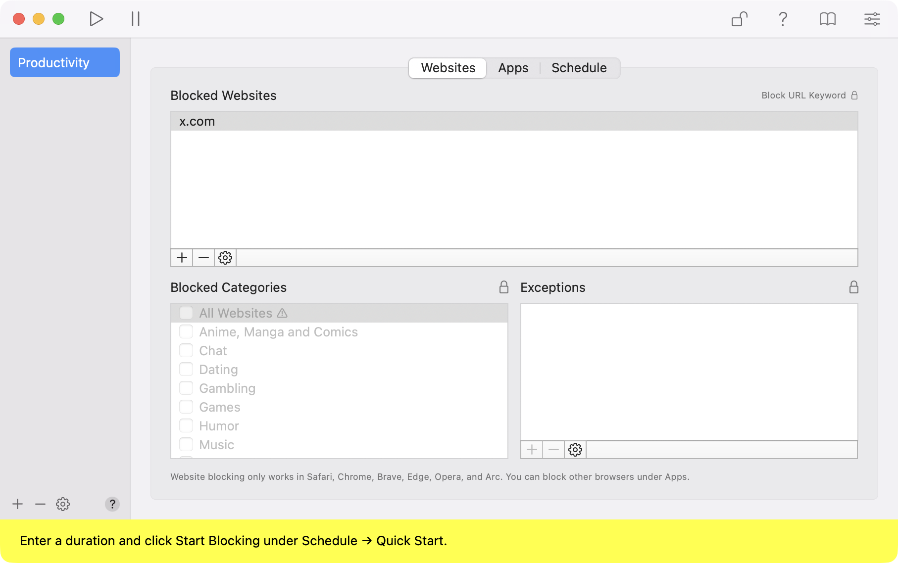 1Focus for Mac showing a website blocklist and supported-browser notice