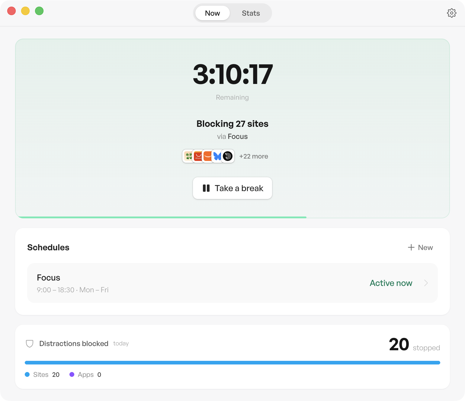 Blocker for Mac showing an active focus schedule, remaining time, break control, and blocking statistics