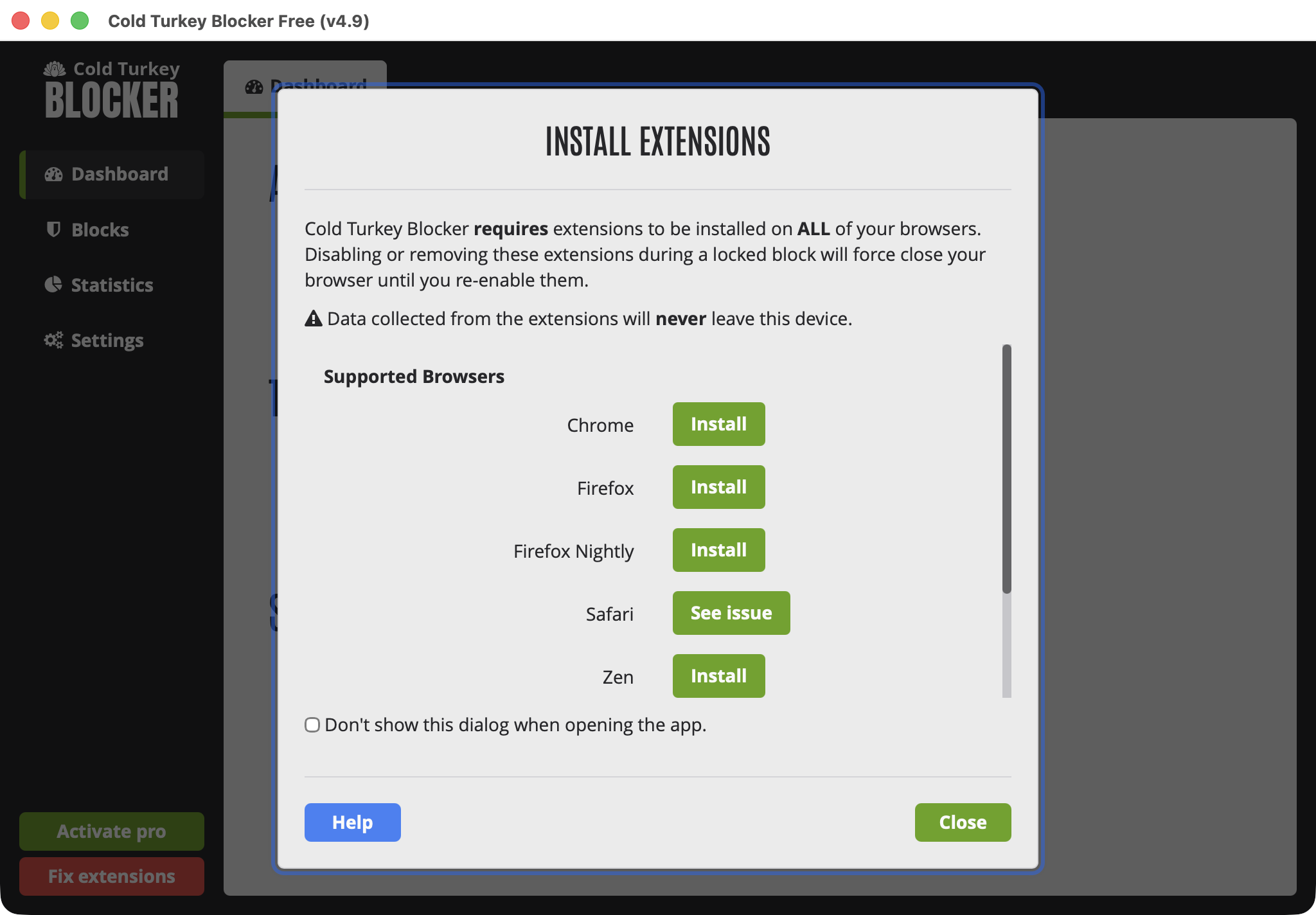 Cold Turkey Blocker dashboard showing the browser integration check on macOS