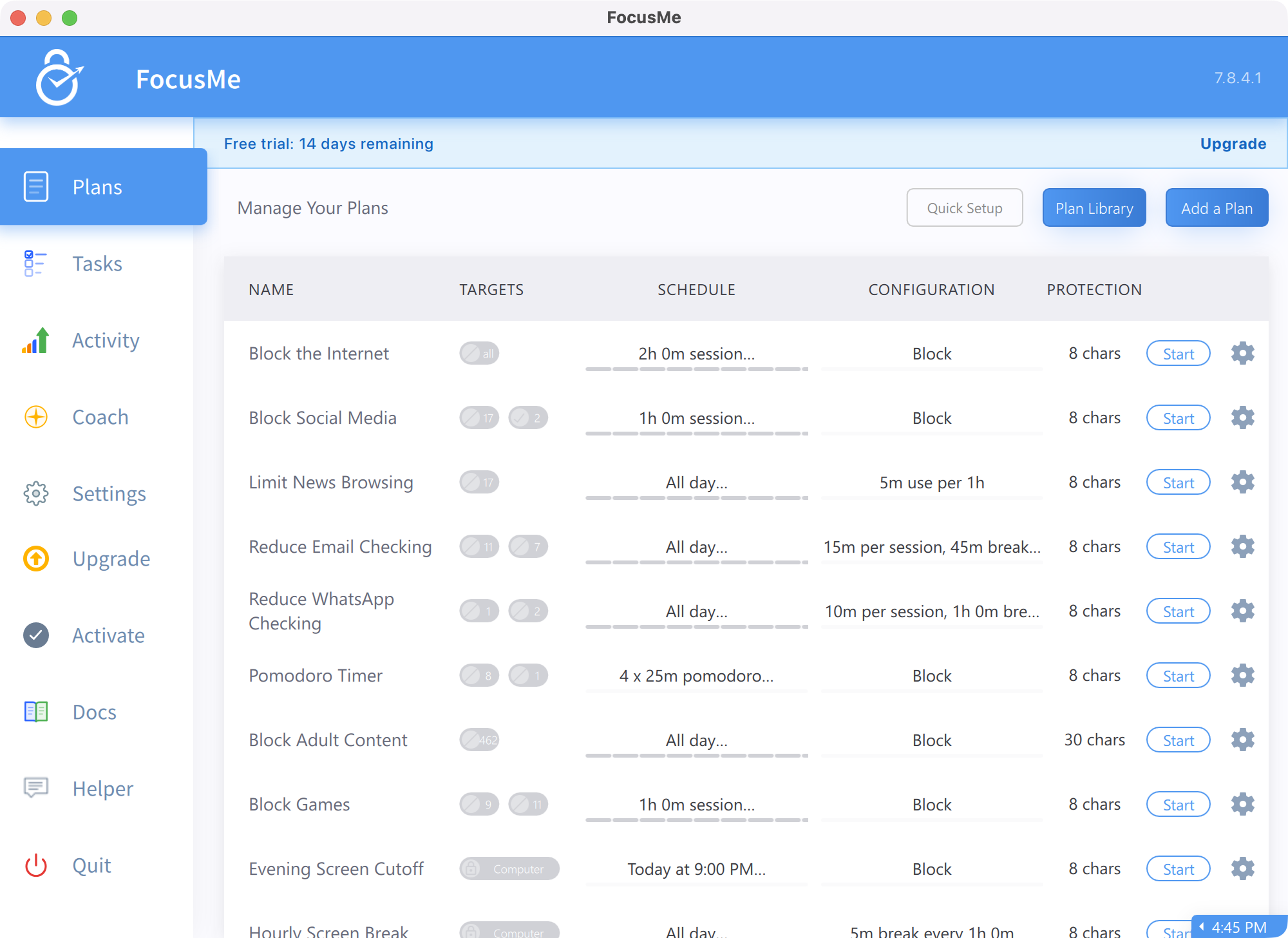 FocusMe plan library with blocking, time-limit, and Pomodoro templates