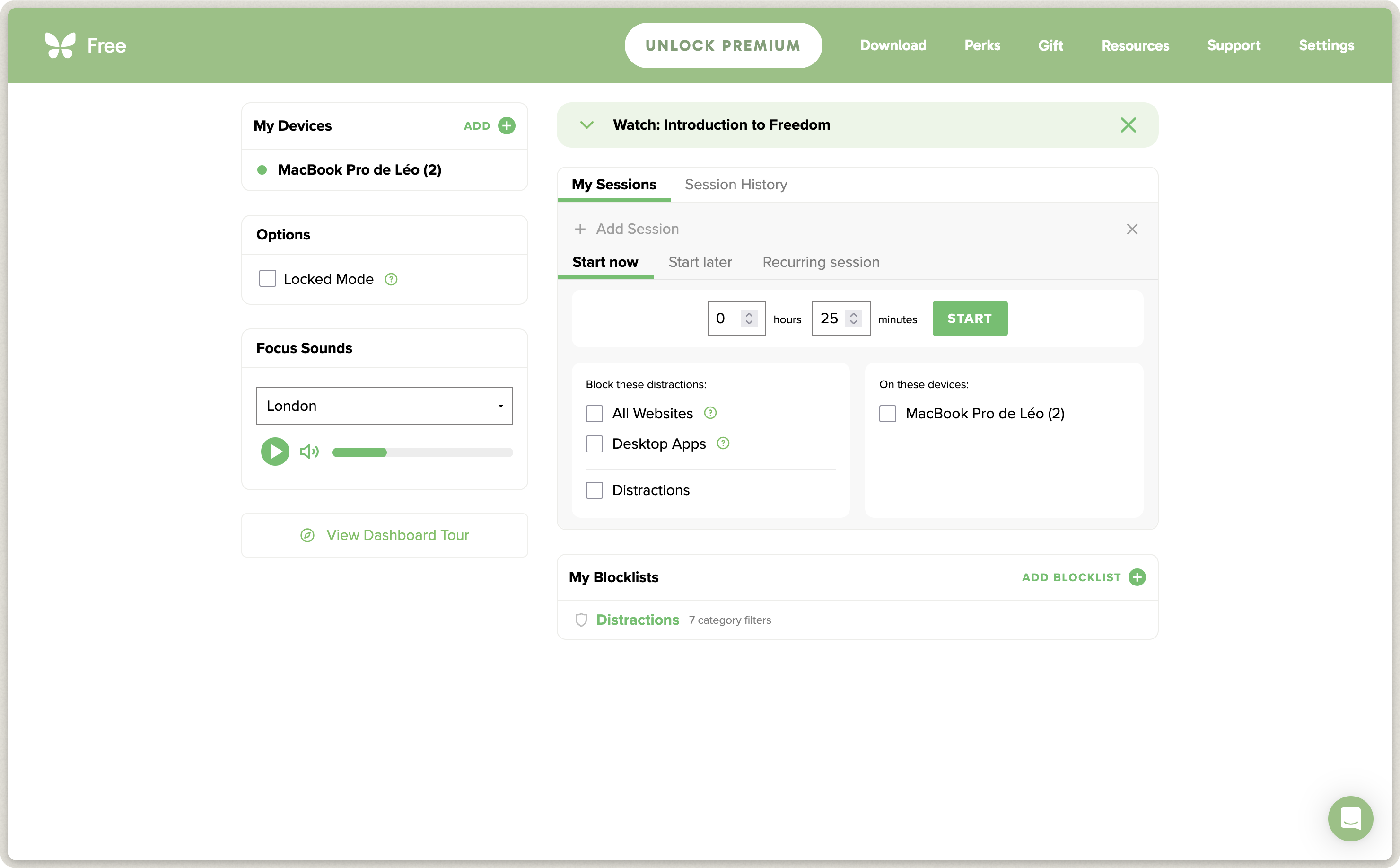Freedom web dashboard with a 25-minute session, device selection, blocklists, and Locked Mode