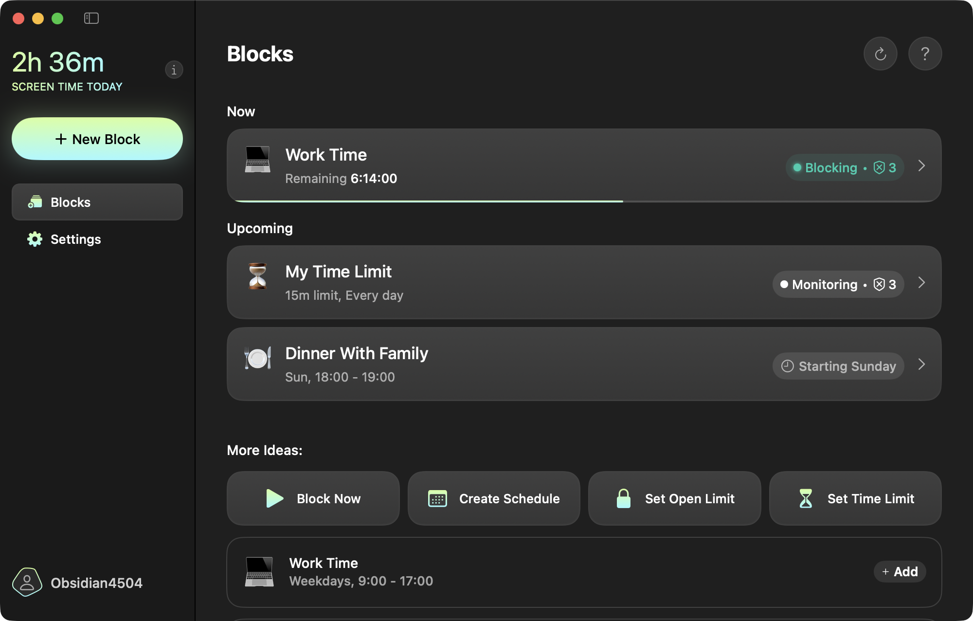 Opal for Mac showing active, upcoming, and suggested focus blocks